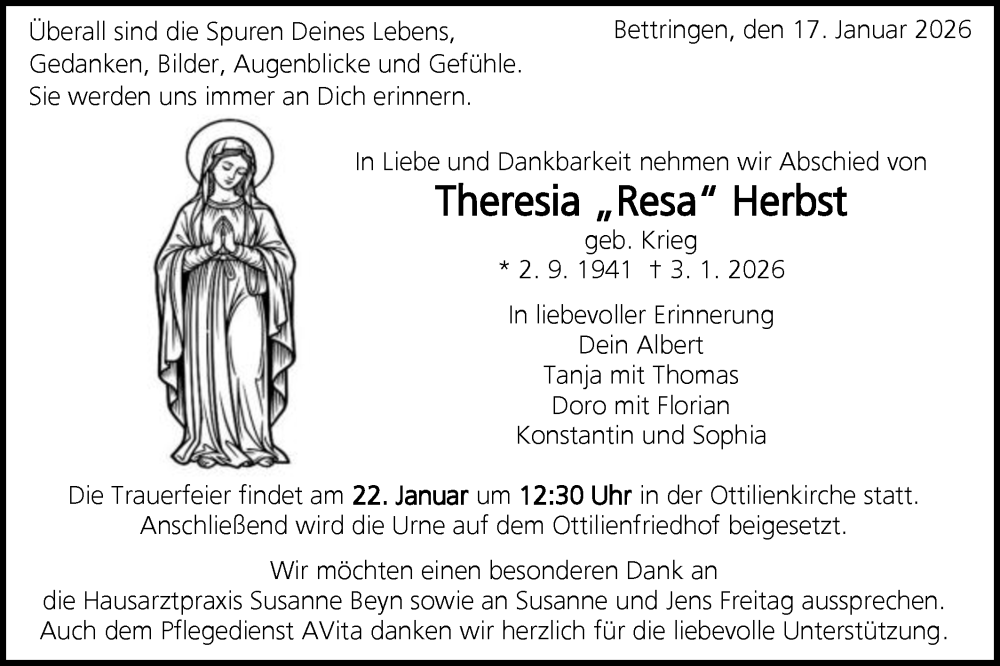  Traueranzeige für Theresia Herbst vom 17.01.2026 aus Gmünder Tagespost