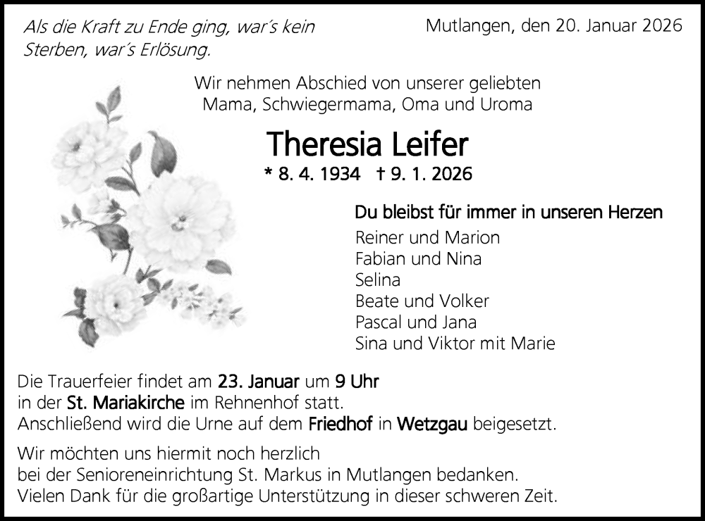  Traueranzeige für Theresia Leifer vom 20.01.2026 aus Gmünder Tagespost