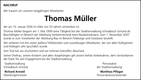 Traueranzeige von Thomas Müller von Gmünder Tagespost