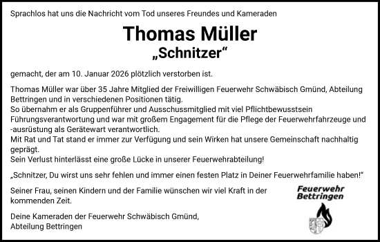 Traueranzeige von Thomas Müller von Gmünder Tagespost