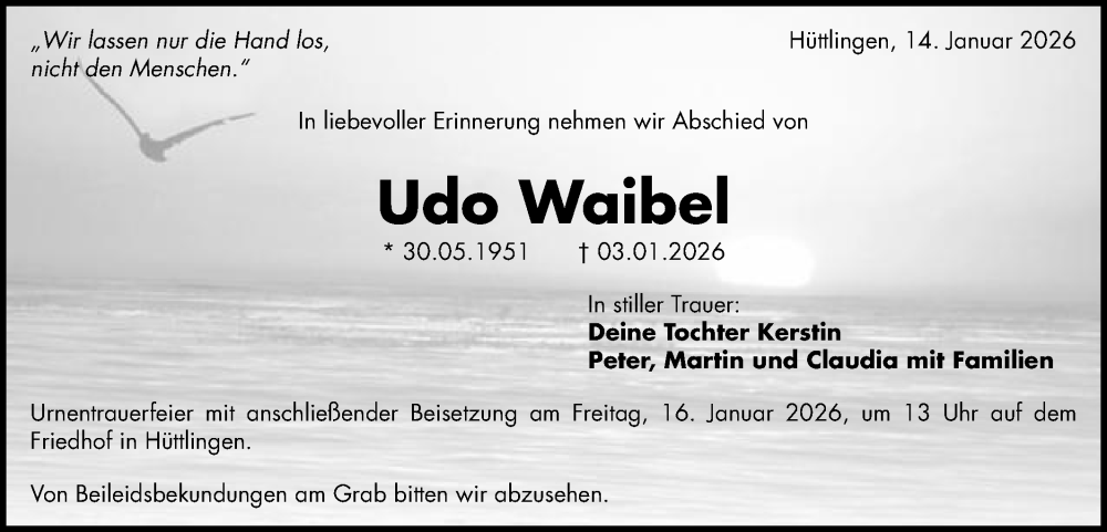  Traueranzeige für Udo Waibel vom 14.01.2026 aus Schwäbische Post