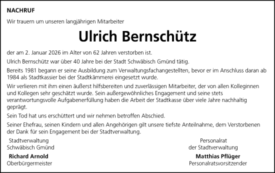 Traueranzeige von Ulrich Bernschütz von Gmünder Tagespost