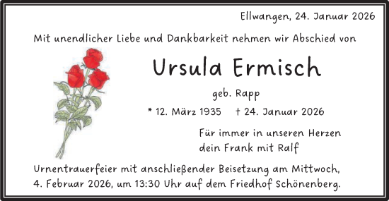 Traueranzeige von Ursula Ermisch von Schwäbische Post
