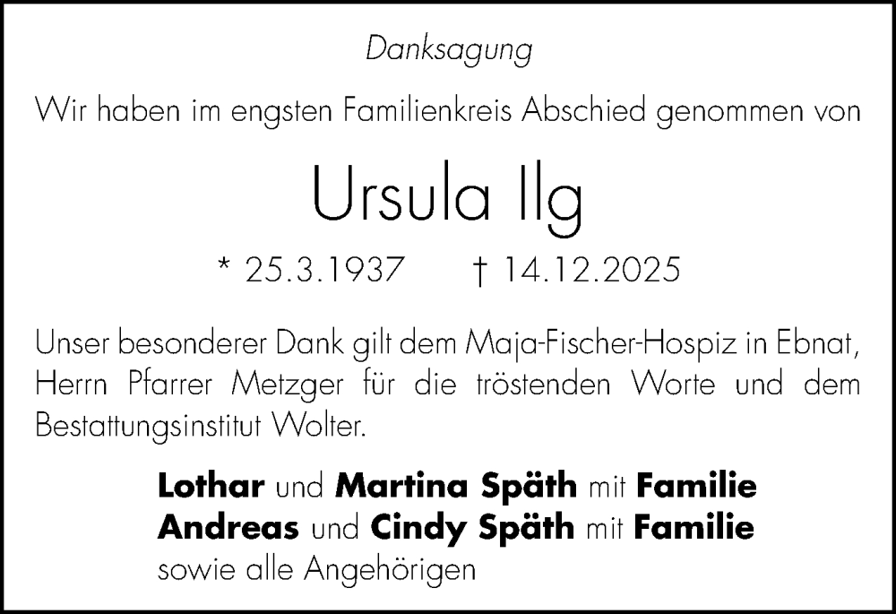  Traueranzeige für Ursula Ilg vom 17.01.2026 aus Schwäbische Post