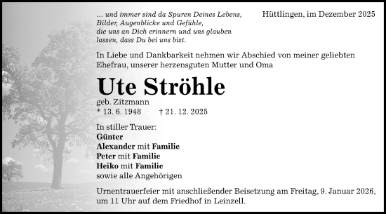 Traueranzeige von Ute Ströhle von Schwäbische Post
