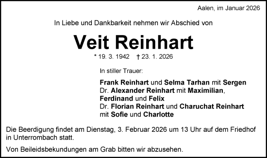 Traueranzeige von Veit Reinhart von Schwäbische Post