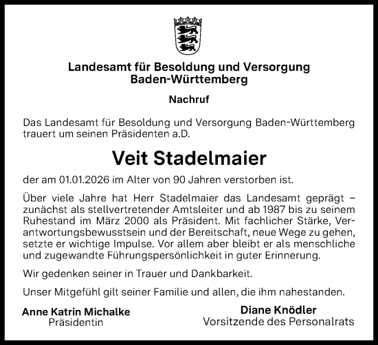 Traueranzeige von Veit Stadelmaier von Gmünder Tagespost