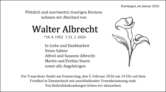 Traueranzeige von Walter Albrecht von Gmünder Tagespost