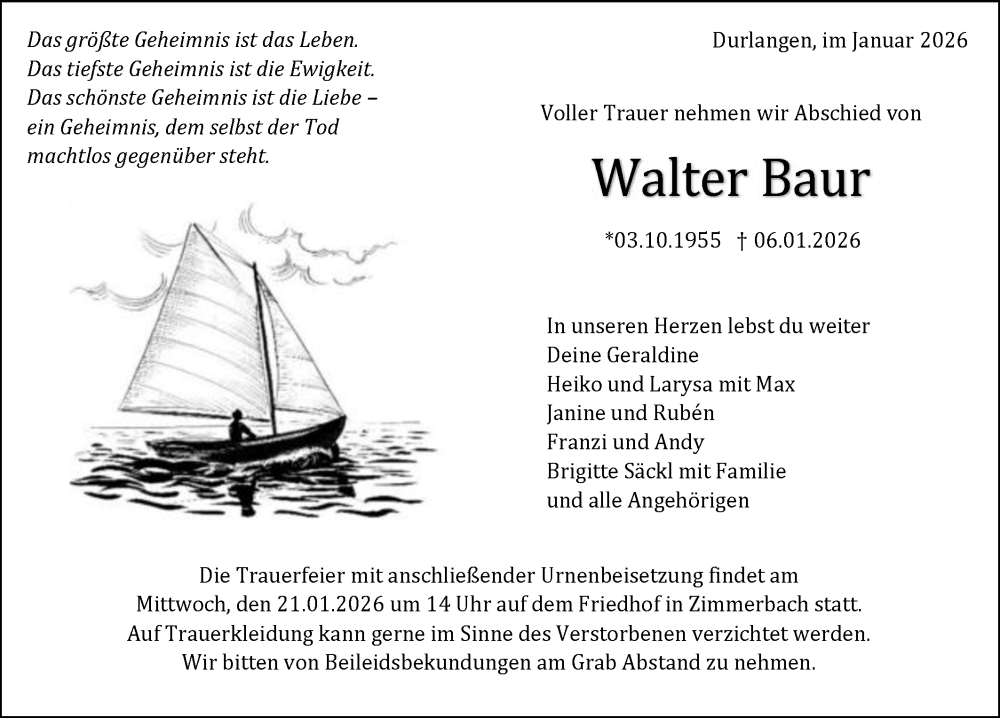  Traueranzeige für Walter Baur vom 17.01.2026 aus Gmünder Tagespost