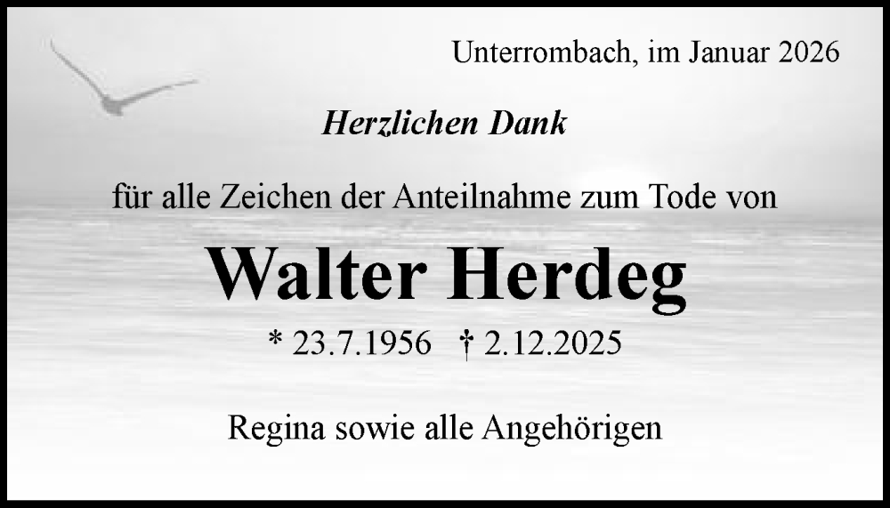  Traueranzeige für Walter Herdeg vom 20.01.2026 aus Schwäbische Post