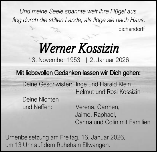 Traueranzeige von Werner Kossizin von Schwäbische Post