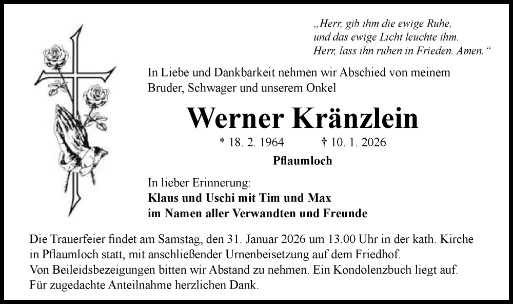  Traueranzeige für Werner Kränzlein vom 28.01.2026 aus Schwäbische Post