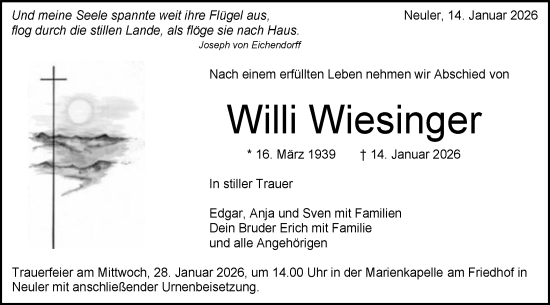 Traueranzeige von Willi Wiesinger von Schwäbische Post