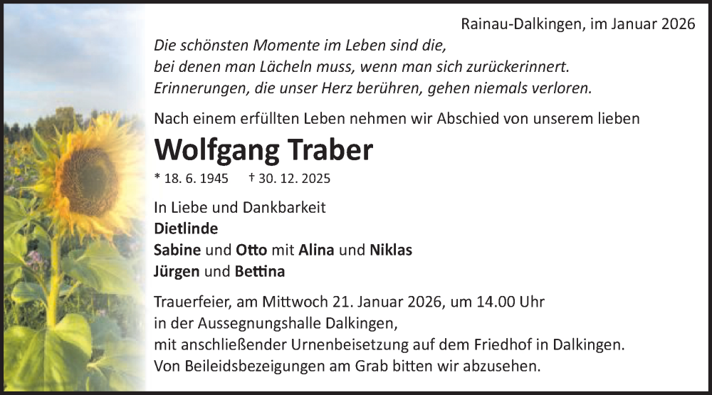 Traueranzeige für Wolfgang Traber vom 16.01.2026 aus Schwäbische Post