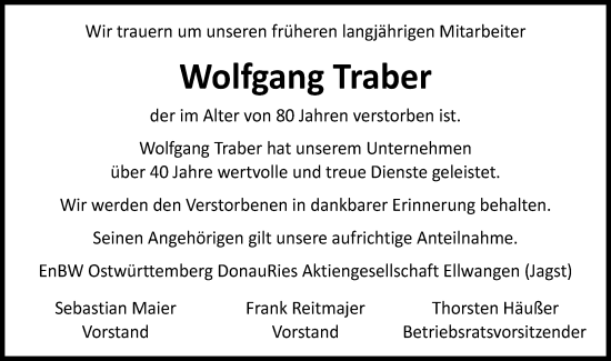 Traueranzeige von Wolfgang Traber von Schwäbische Post