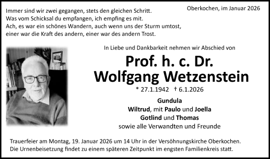Traueranzeige von Wolfgang Wetzenstein von Schwäbische Post