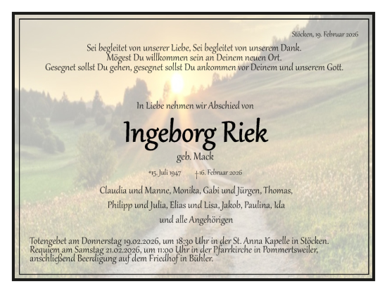 Traueranzeige von Ingeborg Riek von Schwäbische Post