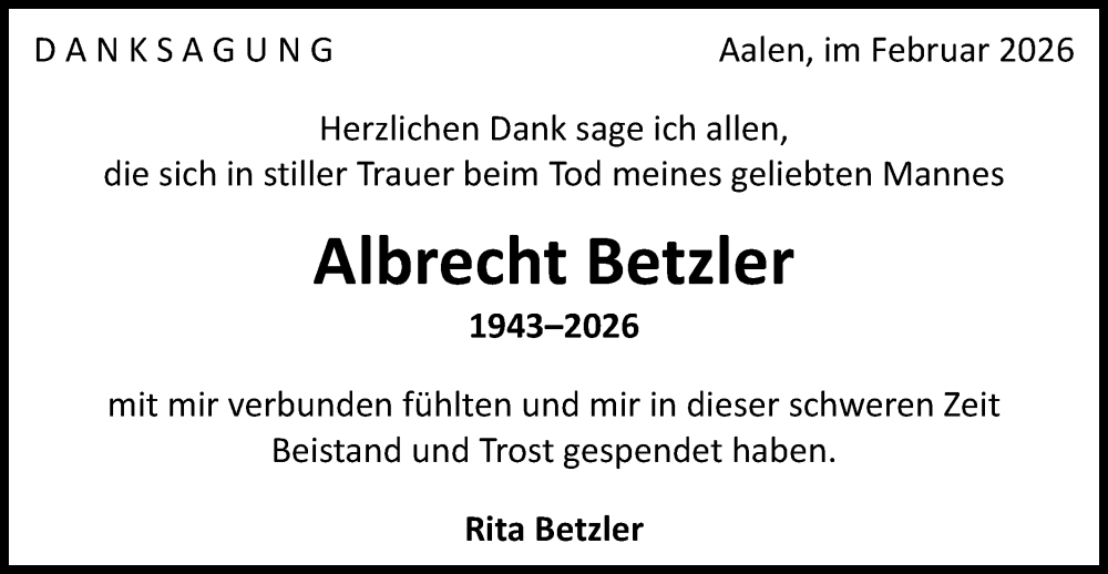  Traueranzeige für Albrecht Betzler vom 21.02.2026 aus Schwäbische Post