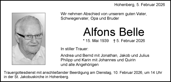 Traueranzeige von Alfons Belle von Schwäbische Post
