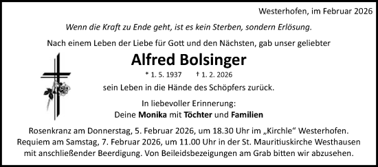 Traueranzeige von Alfred Bolsinger von Schwäbische Post