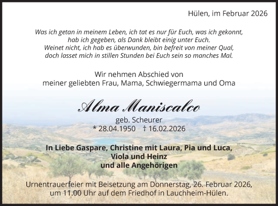 Traueranzeige von Alma Maniscalco von Schwäbische Post