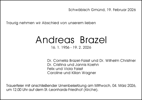 Traueranzeige von Andreas Brazel von Gmünder Tagespost