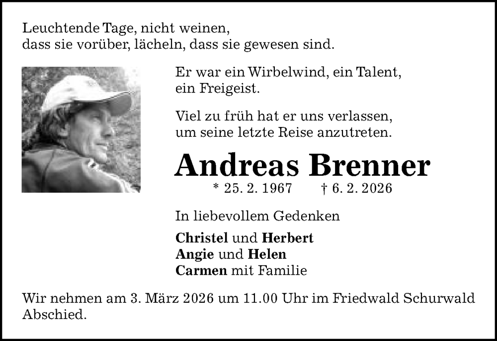  Traueranzeige für Andreas Brenner vom 21.02.2026 aus Schwäbische Post