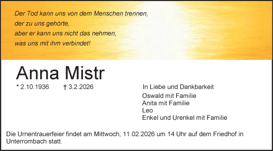 Traueranzeige von Anna Mistr von Schwäbische Post