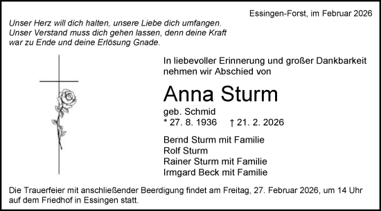 Traueranzeige von Anna Sturm von Schwäbische Post