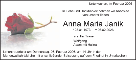 Traueranzeige von Anna Maria Janik von Schwäbische Post
