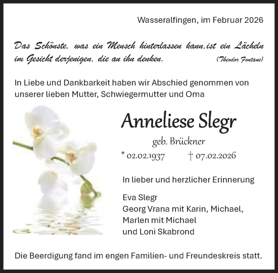 Traueranzeige von Anneliese Slegr von Schwäbische Post