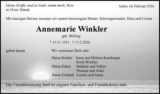 Traueranzeige von Annemarie Winkler von Schwäbische Post