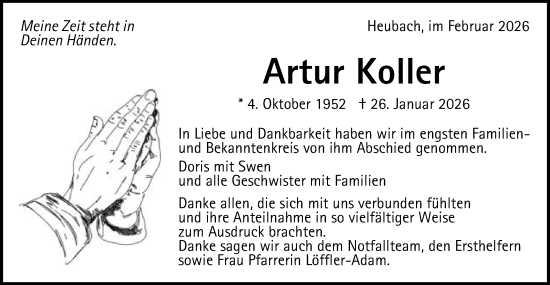 Traueranzeige von Artur Koller von Gmünder Tagespost