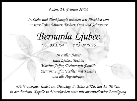 Traueranzeige von Bernarda Ljubec von Schwäbische Post
