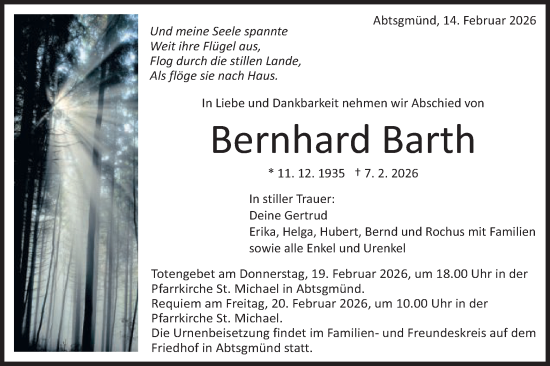Traueranzeige von Bernhard Barth von Schwäbische Post