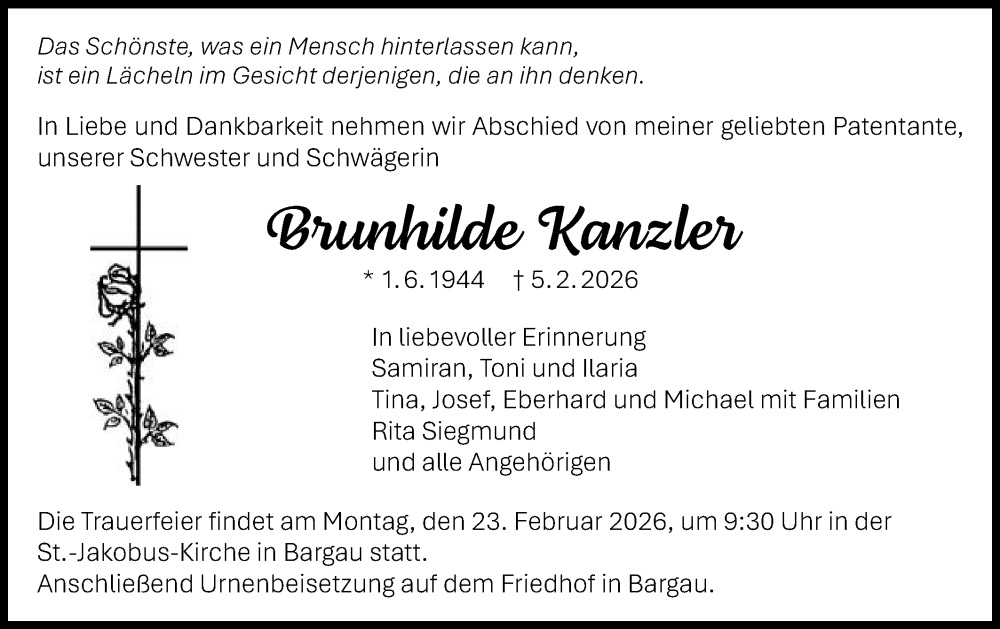  Traueranzeige für Brunhilde Kanzler vom 16.02.2026 aus Gmünder Tagespost