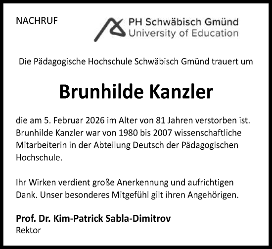 Traueranzeige von Brunhilde Kanzler von Gmünder Tagespost