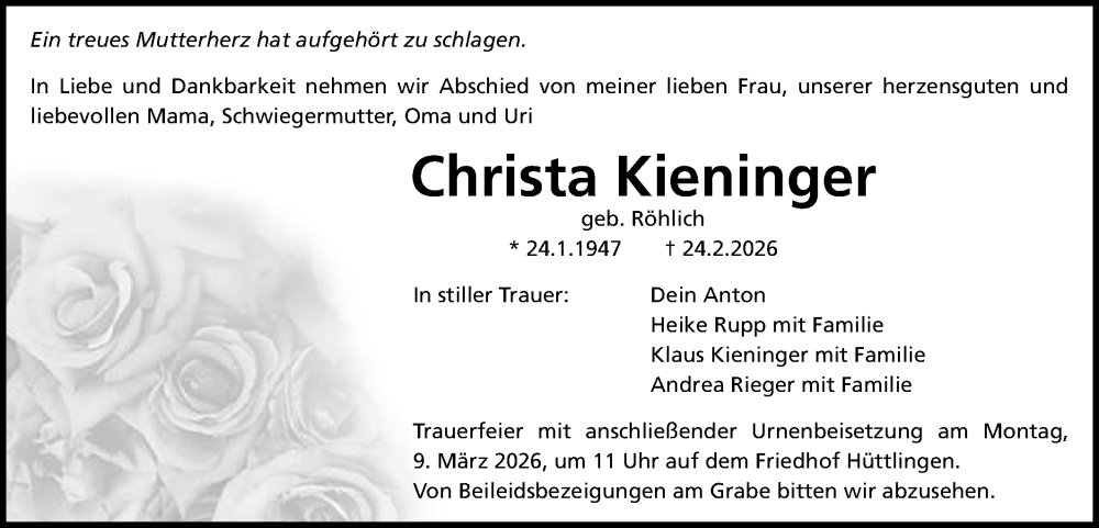  Traueranzeige für Christa Kieninger vom 28.02.2026 aus Schwäbische Post