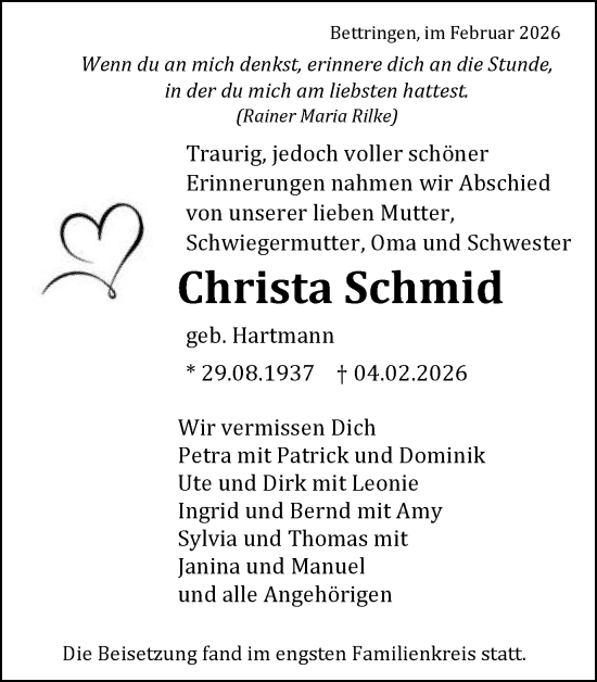 Traueranzeige von Christa Schmid von Gmünder Tagespost