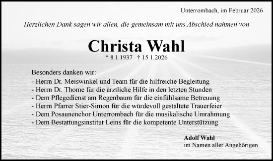 Traueranzeige von Christa Wahl von Schwäbische Post