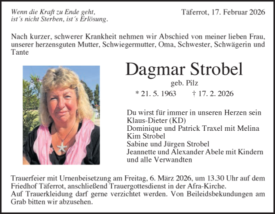 Traueranzeige von Dagmar Strobel von Gmünder Tagespost