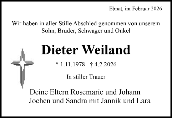 Traueranzeige von Dieter Weiland von Schwäbische Post
