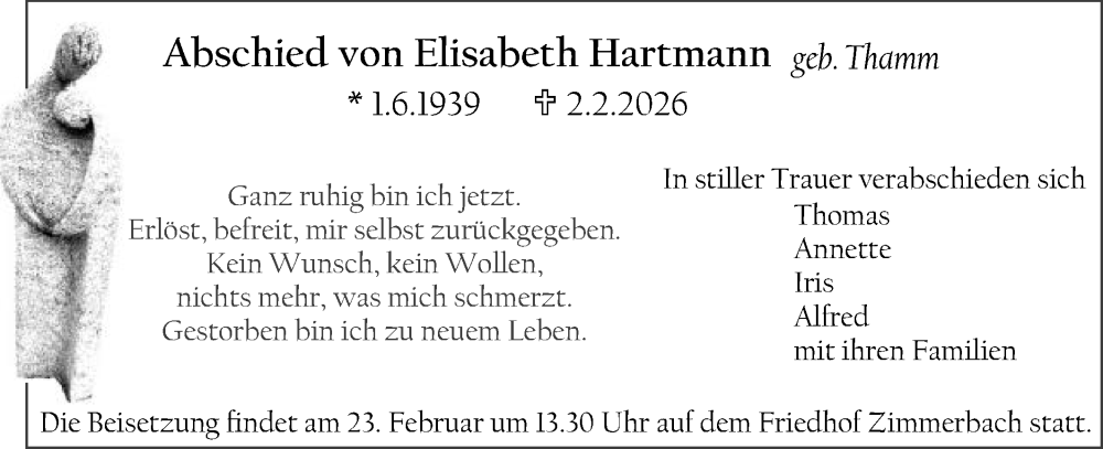  Traueranzeige für Elisabeth Hartmann vom 14.02.2026 aus Gmünder Tagespost
