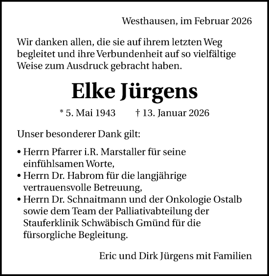 Traueranzeige von Elke Jürgens von Schwäbische Post