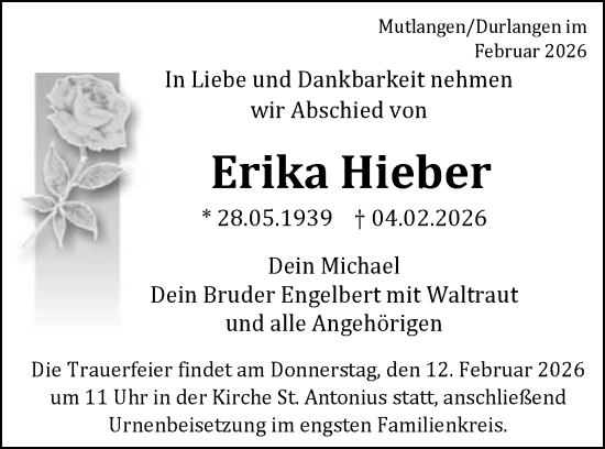 Traueranzeige von Erika Hieber von Gmünder Tagespost