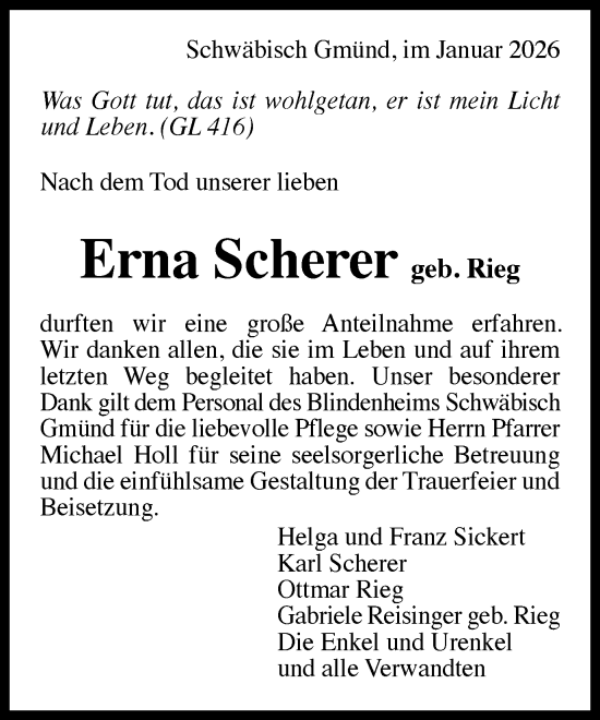 Traueranzeige von Erna Scherer von Gmünder Tagespost