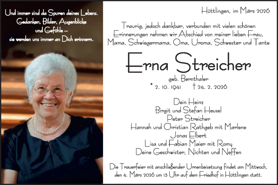 Traueranzeige von Erna Streicher von Schwäbische Post