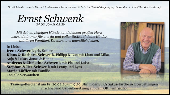 Traueranzeige von Ernst Schwenk von Gmünder Tagespost