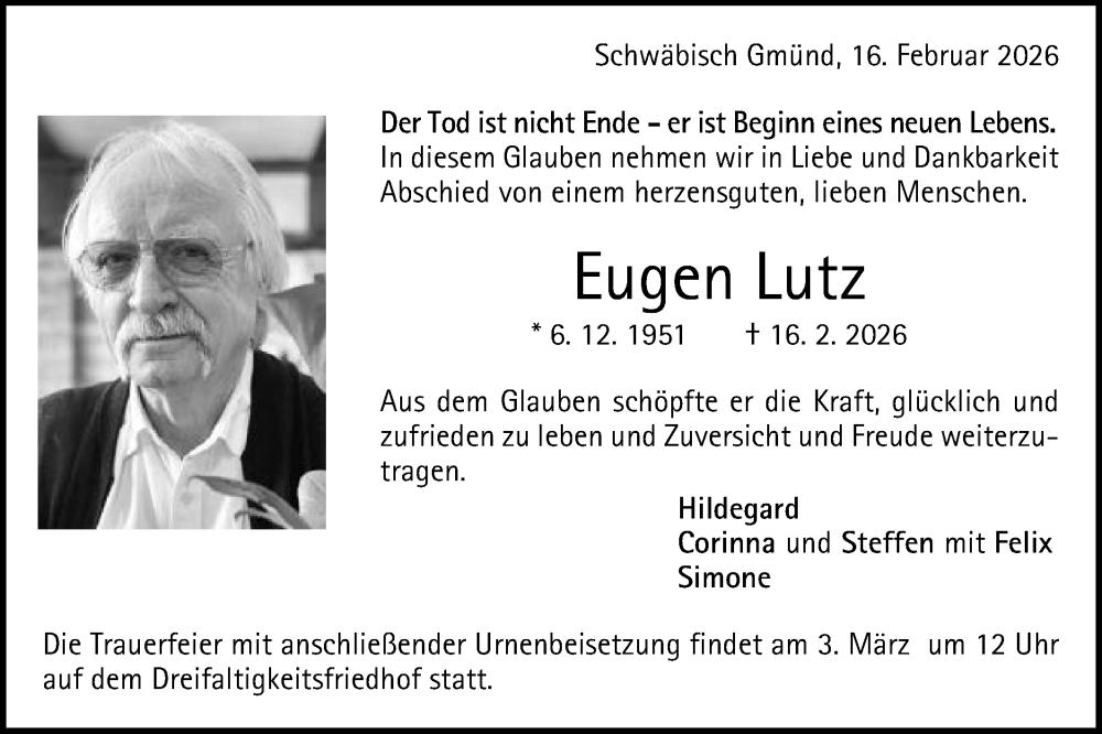 Traueranzeige für Eugen Lutz vom 28.02.2026 aus Gmünder Tagespost