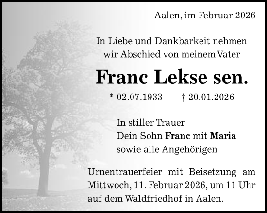 Traueranzeige von Franc Lekse von Schwäbische Post